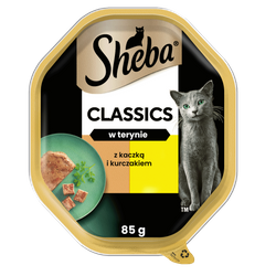 SHEBA Classics tacka 85 g – mokra karma pełnoporcjowa dla dorosłych kotów, z kaczką i kurczakiem, w terynie