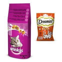 WHISKAS Adult 14 kg - sucha karma pełnoporcjowa dla dorosłych kotów, z pyszną wołowiną + DREAMIES GRATIS