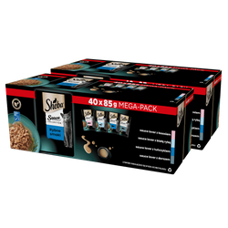 SHEBA Sauce Collection Rybne Smaki saszetki 2x40x85 g – mokra karma pełnoporcjowa dla dorosłych kotów, w sosie (kawałki z: łososiem, białą rybą, tuńczykiem, dorszem)
