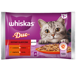 WHISKAS Adult saszetka 4 x 85 g Zestawy Klasyczne - mokra karma pełnoporcjowa dla dorosłych kotów, w galaretce (kawałki z: wołowiną i drobiem, jagnięciną i kaczką)