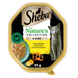 SHEBA Nature’s Collection tacka 85 g – mokra karma pełnoporcjowa dla dorosłych kotów, kawałki z kurczakiem przybranym czerwoną papryką, w sosie