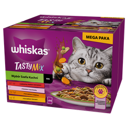 WHISKAS Adult Tasty Mix saszetka 24 x 85 g Wybór Szefa Kuchni - mokra karma pełnoporcjowa dla dorosłych kotów, w sosie (kawałki z: wołowiną, drobiem i warzywami; łososiem i marchewką; kurczakiem i indykiem; kurczakiem i dorszem)