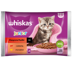 WHISKAS Junior saszetka 4 x 85 g Klasyczne Posiłki - mokra karma pełnoporcjowa dla kociąt, w sosie (z kawałkami: z wołowiną, z kurczakiem)