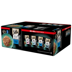 SHEBA Delicacy Rybne Smaki saszetki 80x85 g – mokra karma pełnoporcjowa dla dorosłych kotów, w galaretce (kawałki z: łososiem, białą rybą, tuńczykiem, dorszem)