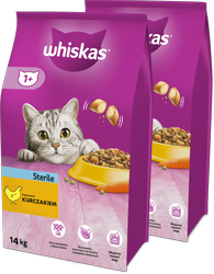 WHISKAS Sterile 2x14 kg - sucha karma pełnoporcjowa dla dorosłych kotów po zabiegu kastracji, z pysznym kurczakiem