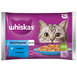 WHISKAS Adult saszetka 4 x 85 g Rybne Przysmaki - mokra karma pełnoporcjowa dla dorosłych kotów, w galaretce (kawałki z: łososiem, tuńczykiem)