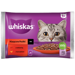 WHISKAS Adult saszetka 4 x 85 g Klasyczne Posiłki - mokra karma pełnoporcjowa dla dorosłych kotów, w sosie (kawałki z: wołowiną, kurczakiem)