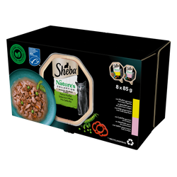 SHEBA Nature’s Collection Wybór Smaków tacki 8x85 g – mokra karma pełnoporcjowa dla dorosłych kotów, w sosie (kawałki z: kurczakiem przybranym czerwoną papryką, łososiem przybranym groszkiem)