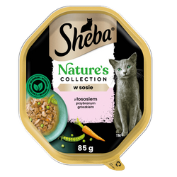 SHEBA Nature’s Collection tacka 85 g – mokra karma pełnoporcjowa dla dorosłych kotów, kawałki z łososiem przybranym groszkiem, w sosie