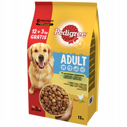 Pedigree Adult kurczak 15 kg 12+3 Gratis