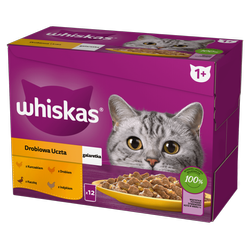 WHISKAS Adult saszetka 12 x 85 g Drobiowa Uczta - mokra karma pełnoporcjowa dla dorosłych kotów, w galaretce (kawałki z: kurczakiem, kaczką, drobiem, indykiem)